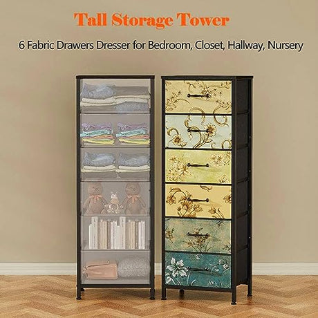 Furnulem Tall 6 Drawers Dresser, Vintage Storage Organizer Unit with Fabric Bins for Bedroom, Living Room, Closet, Nusery, Dorm, Entryway, Bedside Furniture, Sturdy Metal Frame, Wood Top Furnulem