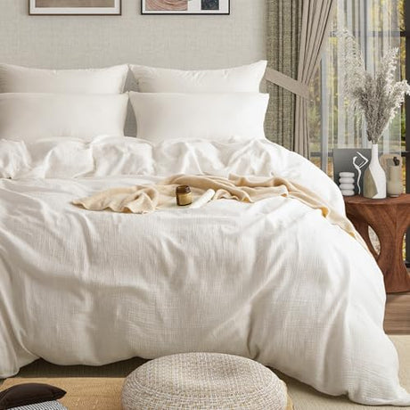 AGSIT Muslin Duvet Cover 100% Washed Cotton, Queen Size Duvet Cover Set Linen Like, Minimalist Soft Comforter Cover 3 Pieces, Lightweight Gauze Duvet Cover with 2 Pillowcases, 90”x90”, Pure White AGSIT