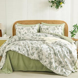 Luxudecor Floral Queen Comforter Set 7 Pieces Bed in a Bag, Sage Green Flower with Bird Bedding Set, Soft Reversible Comforter with Sheet Set 90"x90" Luxudecor
