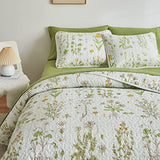Joyreap 3 Pieces Reversible Quilt Set, Smooth Soft Microfiber Quilt, Yellow Flowers Green Leaves Botanical Design, Bedspread Bed Cover for All Season, 1 Quilt n 2 Pillow Shams (Full/Queen, 90x90) Joyreap