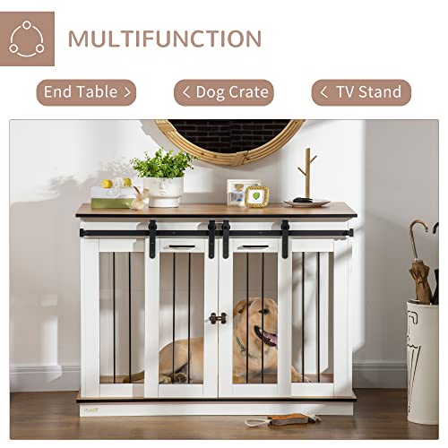 PawHut Dog Crate Furniture with Divider, Dog Crate End Table for Small to Large Dogs, Large Indoor Dog Kennel with Double Doors, 47" W x 23.5" D x 35" H, White - WoodArtSupply