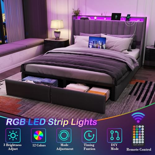 Full Bed Frame with 2 Storage Drawers, Platform Bed Frame Full Size with LED Light, Upholstered Headboard, Charging Station, Steel Slat Support, No Box Spring Needed, Noise-Free, Easy Assembly, Gray Doltoro