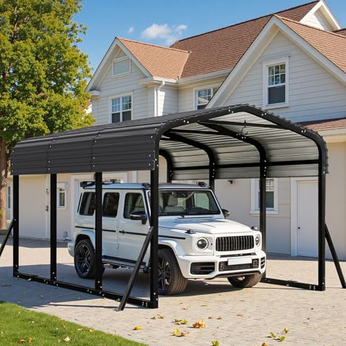 Jocoevol Heavy Duty Metal Carport Canopy, 10x15 FT Outdoor Car Port with Waterpoorf Metal Roof& Side Support Rods, Multi-Use Shelter Outdoor Garage for Car, Boats and Truck Jocoevol
