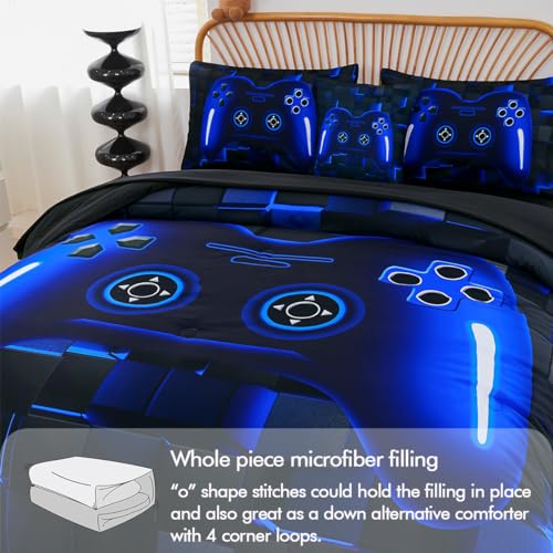 PERFEMET Twin Size Bed in A Bag 6 Pieces Gaming Bedding Set for Boys Blue Gamer Comforter with Sheet Set for Kids Teen Cool Video Game Black Quilt Bedding Set(Blue, Twin) PERFEMET