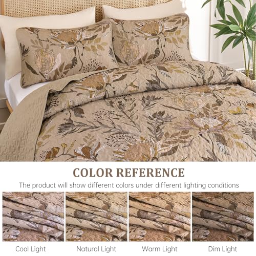 Dintszyayue Quilt Queen Size Brown, 3 Pieces Boho Floral Bedspread Bedding for Queen Size Bed, Soft Lightweight Microfiber Coverlet Set for All Season Quilt with 2 Pillowcases Dintszyayue