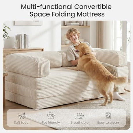Tri-Folding Mattress Queen Futon Sofa Bed, Convertible Tri Fold Mattress Foldable with Removable Armrests & Washable Cover, 5-Inch Floor Mattress with High-Density Foam, Small Couch Bed, Beige Erament