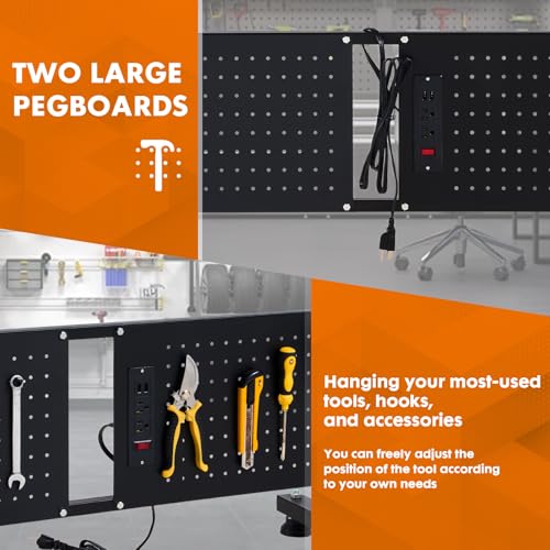 GVGBUK 48 Inch Adjustable Height Workbench, 1500 LBS Capacity Garage Work Table with Power Outlets, USB Ports & Pegboard, Solid Wood Top Work Bench for Workshop, Office, Garage GVGBUK
