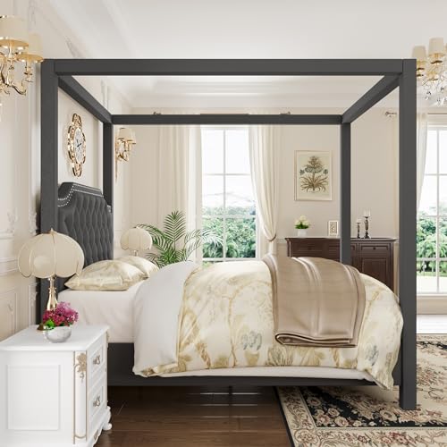 GarveeHome Upholstered Canopy Bed Frame Queen Size with Headboard, Button Tufted, Nailhead Trim Design, No Box Spring Required, Dark Grey(Shipped in 2 Boxes)