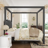 GarveeHome Upholstered Canopy Bed Frame Queen Size with Headboard, Button Tufted, Nailhead Trim Design, No Box Spring Required, Dark Grey(Shipped in 2 Boxes)