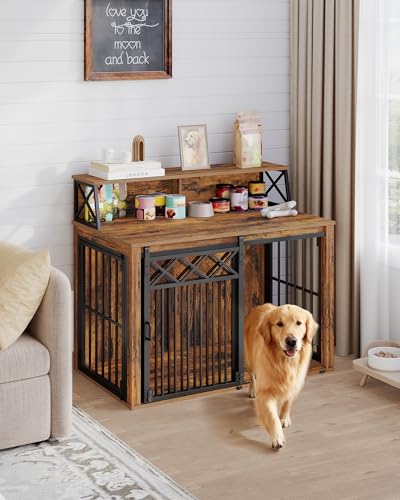 Hzuaneri 39.4'' Dog Crate Furniture, Large Wooden Dog Crate with Storage and 3 Doors, Indoor Kennel for Medium/Large Dogs, End Table with Barn Door, Chew-Proof and Escape-Proof, Rustic Brown DFC87401B Hzuaneri