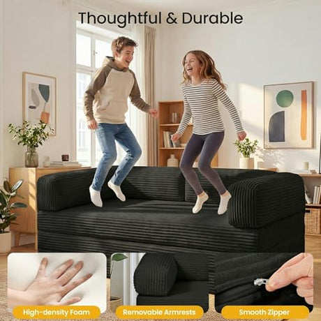 Tri-Folding Mattress Futon Sofa Bed, Convertible Foldable Mattress with Removable Armrests & Washable Cover, 5'' Floor Mattress with High-Density Foam, Small Couch Bed, No-Assembly, Full, Black Erament