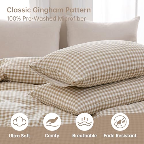 YHJWW Brown Gingham Duvet Cover Bedding Set Prewashed Extra Soft Comfy Breathable 3 Piece Plaid Checkered Grid Vintage Comforter Cover Set Cute Aesthetic (King 104"x90", No Comforter) YHJWW