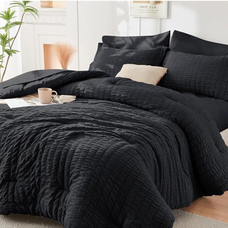 HYMOKEGE Black California King Comforter Set Seersucker 7 Pieces, All Season Luxury Bed in a Bag for Bedroom, Bedding Set with Comforters, Sheets, Pillowcases & Shams HYMOKEGE