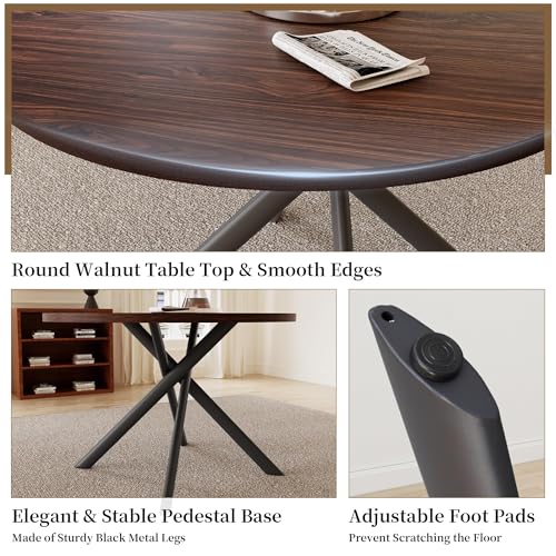 HIPIHOM 45.3 Inch Round Dining Table Set for 4, Mid Century Modern MDF Coffee Set for Dining Room Kitchen Apartment (Dark Walnut Table + 4 U-Shaped Black Chairs) HIPIHOM