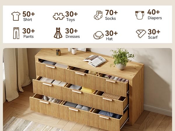 HOTALLOY Fluted Dresser for Bedroom, 9 Drawer Dresser with Gold Handle, 57" Wide Chest of Drawers, Modern Wood Dressers Organizer for Bedroom, Liveroom, Entryway, Natural Oak HOTALLOY