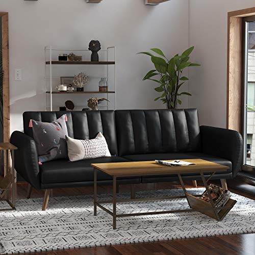 Novogratz Brittany 82 Inch Futon Sofa Bed in Faux Leather, Upholstered Couch Sleeper with Tufted Back, Mid-Century Modern, Black Novogratz
