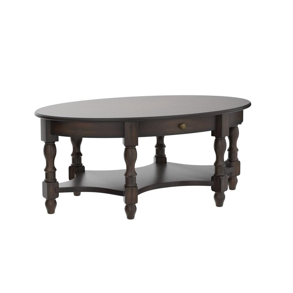 LEEMTORIG Oval Coffee Table for Living Room, 2-Tier Solid Wood Table with Storage Drawer, Victorian Antique Ellipse 45" Wx27.6 Dx18.2 H, Easy Assembly, Dark Walnut, KFZ-2233-DC LEEMTORIG