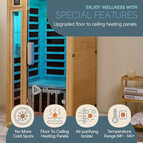 LifePro RejuvaCure 1 Person Far Infrared Sauna for Home - Tempered Glass Door, Oxygen Ionizer, & 7 Chromotherapy Lights for Indoor Sauna - Canadian Hemlock Wood Dry Sauna with Bluetooth Sound System LifePro