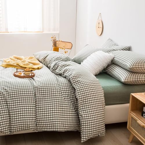 mixinni Green Gingham Comforter Set Queen, Plaid Comforter Set 3 Pieces 1 Green Grid Comfoter with 2 Pillow Cases for All Seasons, Soft Fluffy Modern Grid Pattern Printed Bedding-Queen Size mixinni