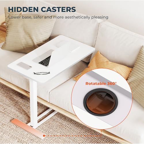FitStand Medical Overbed Adjustable Bedside Table with Hidden Casters, Mobile Pneumatic Rolling Laptop Standing Desk with Tray for Home & Hospital Use, White Table Top + White Edging FitStand