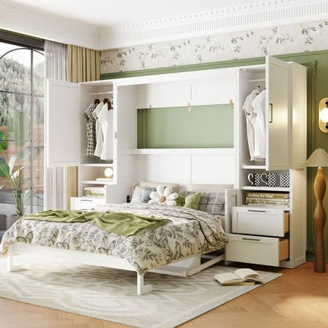 Bellemave Queen Size Murphy Bed with Closet, Wall Bed with Drawers and Shelves, Folding Cabinet Bed with Desk for Home Office, Studio, White Bellemave