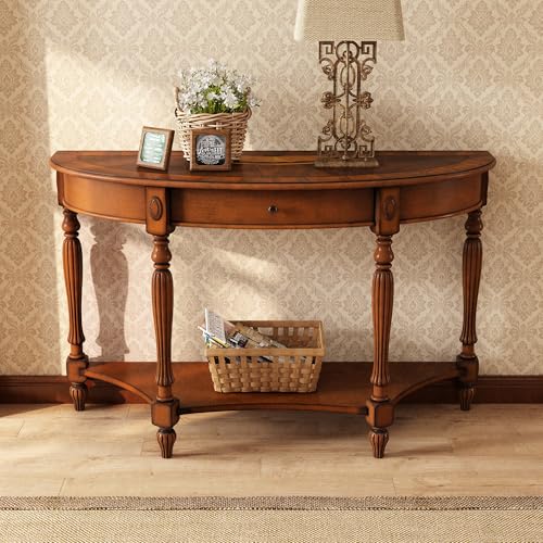 JESONVID Solid Wood Semi-Circle Console Table with Drawer and Shelf, 45.3" Traditional Vintage Entryway Table Polished Edging Half-Moon Narrow Table for Living Room Hallway, Beewax JESONVID