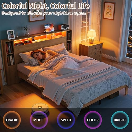 LIKIMIO Queen Bed Frame, Storage Headboard with Charging Station & LED Lights, 7 Open Shelves, 2 Side Cabinets, Storage Platform Bed, Easy Assembly, No Box Spring Needed, Natural Color LIKIMIO