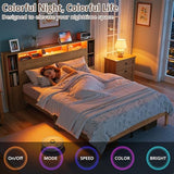 LIKIMIO Queen Bed Frame, Storage Headboard with Charging Station & LED Lights, 7 Open Shelves, 2 Side Cabinets, Storage Platform Bed, Easy Assembly, No Box Spring Needed, Natural Color LIKIMIO