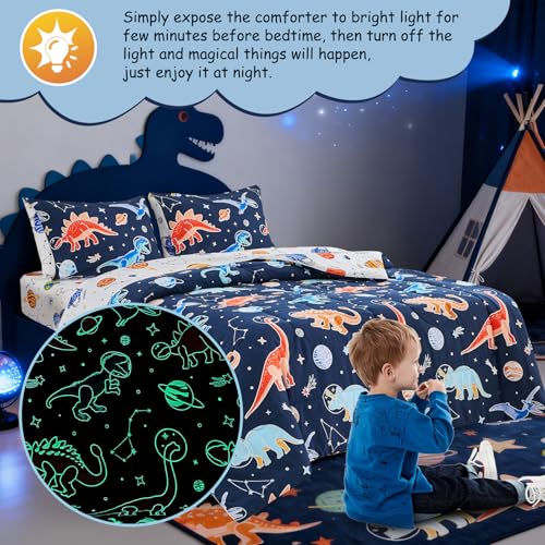 A Nice Night 5pc Glow in The Dark Kids Comforter Set,Dinosaur Galaxy Printed, Space Bedding Set Twin Size for Boys Girls Teen A Nice Night