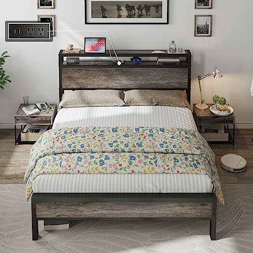 AMERLIFE Industrial Queen Size Bed Frame with Charging Station & 2-Tier Storage Headboard in Rustic Grey - WoodArtSupply