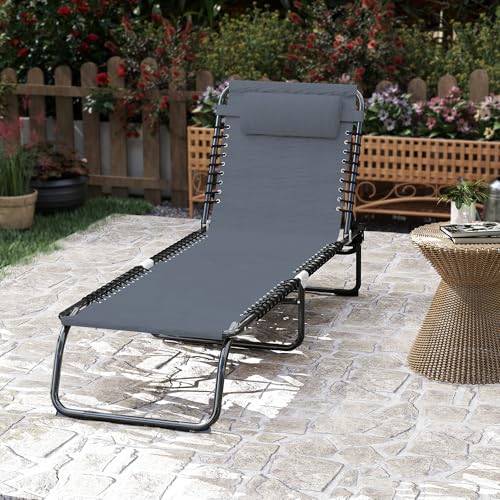 Outsunny Folding Chaise Lounge Chair, Patio Sun Tanning Chair, Outdoor Chaise Lounger with 4-Position Reclining Back, Breathable Mesh Seat for Beach, Poolside, Yard, Gray