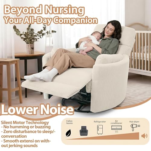 GNMLP2020 Power Rocking Chair Nursery, Oversized Rocker Recliner for Adults, Wide Swivel Rocker Recliner with USB, 2 Pillows, Electric Barrel Armchair Single Sofa for Living Room Bedroom, Beige