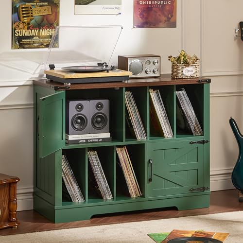 Joaxswe Large Record Player Stand with Vinyl Storage Up to 450 Albums, 39 Inch Farmhouse Wood Green Vinyl Records Storage Cabinet with Barn Doors, Mid-Century Accent Turntable Stand for Living Room Joaxswe