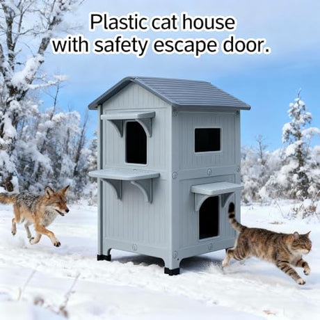 Weatherproof Outdoor Insulated Cat House for Feral Multi Cat, 2 Storey Plastic Elevated Cat Shelter with Escape Door, Easy Assemble, Expansive Interior‌ Grey 34" D x 21" W x 21.5" H HiCaptain