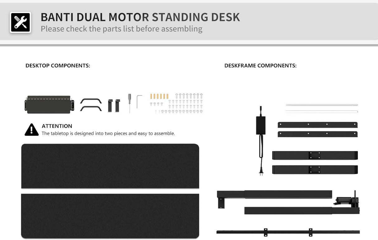 BANTI 48'' Adjustable Height Electric Standing Desk with Double Drawer, Stand Up Home Office Desk with Splice Tabletop, Black BANTI