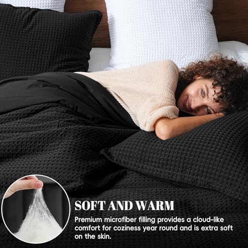PHF Ultra Soft Waffle Weave Comforter Set Queen Size, 3 Pieces Lightweight Breathable Comfy Bedding Set, Comfy Textured 1 Comforter with 2 Pillow Shams, Black PHF