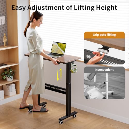 WALKINGDESK Mobile Walking Pad Desk with Wheels, Pneumatic Small Rolling Standing Desk Riser Height Adjustable (28-43.7") for Treadmill, Portable Computer Table for Home Office, Black Walnut WALKINGDESK