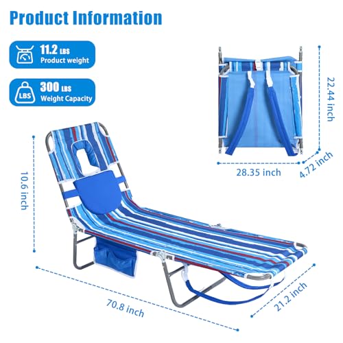 SUNNYFEEL Beach Lounge Chair, Backpack Reclining Beach Chairs Lay Flat, Sun Face Down Tanning Chair, Folding Camping Chairs Portable Camp Cot with Backpack Straps for Outdoor/Picnic/Lawn