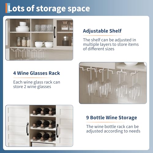 GarveeHome 72 in Tall Kitchen Pantry Cabinet, Kitchen Hutch Bar Cabinet with Microwave Stand, Cupboard with Drawers Glass Doors for Dining Room, White (Antique White, 40" Wide) GarveeHome