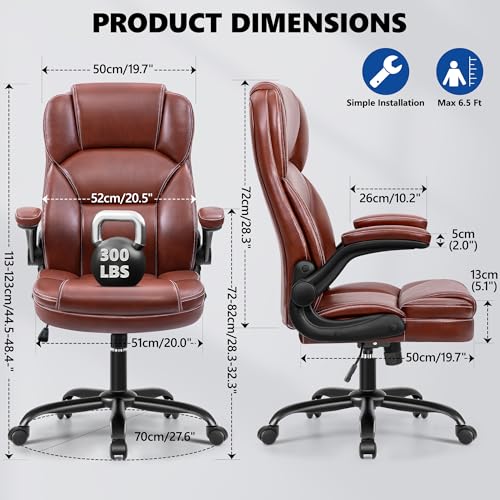 PU Leather Executive Office Chair, Ergonomic Mid-Back Computer & Gaming Chair with Adjustable Height, Rolling Swivel & Flip-Up Armrests, Comfy Padded Seat for Home Office-Brown FelixKing