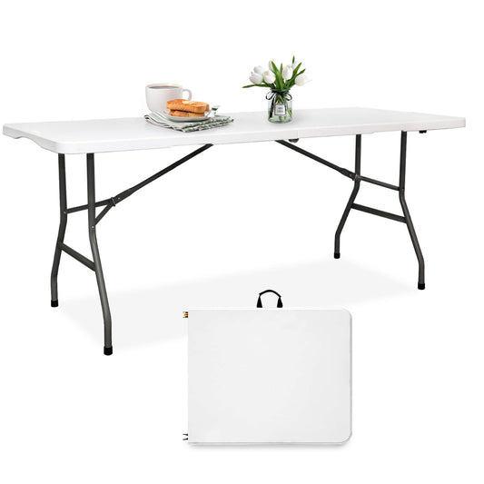 6FT Folding Table HDPE Foldable Desk Banquet Surface Fold-in-Half Utility for Working Meeting Parties, Picnic, Camping, Weddings, Catering, Garden Dining-White