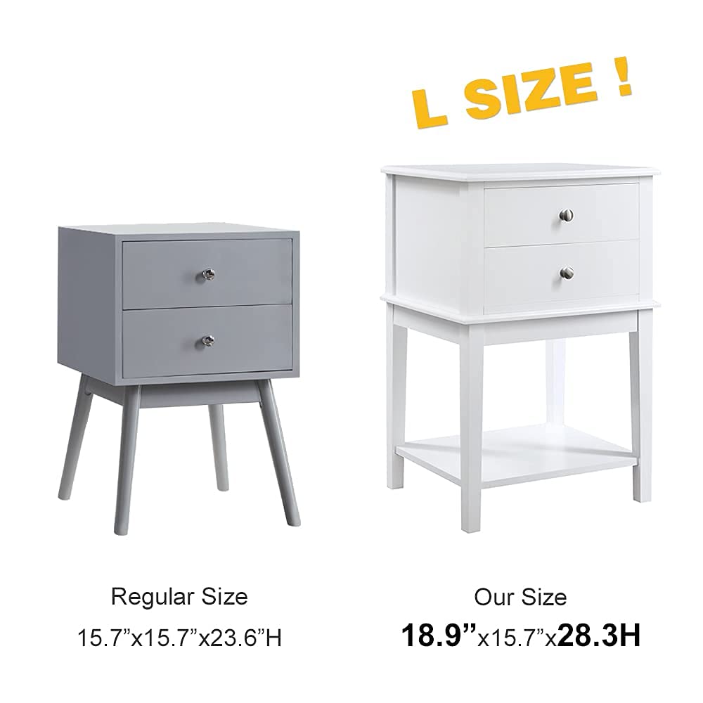 conifferism White Nightstand 2 Drawers and Storage Shelf, 28" High Bedroom Night Stand, Contemporary Modern Bed Side Table, Living Room Country Cottage 19" Wide End Table Metal Sliders conifferism
