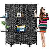 Room Divider Folding Portable Privacy Wooden Screen 4 Panel Partition Wall Indoor/Outdoor Folding Screen w/Dual-Sided Hinges & 2 Removable Display Shelves for Home Office, Black Dkeli