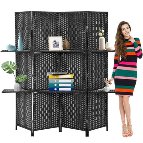 Room Divider Folding Portable Privacy Wooden Screen 4 Panel Partition Wall Indoor/Outdoor Folding Screen w/Dual-Sided Hinges & 2 Removable Display Shelves for Home Office, Black Dkeli