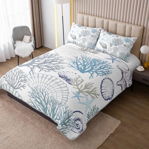 OUIXOTIC 3pcs King Size Coastal Quilt Set - Beach Bedding for Summer! Lightweight, Reversible Nautical Bedspread Comforter with Pillow Shams, Soft Microfiber - Ocean Vibes Inside! OUIXOTIC