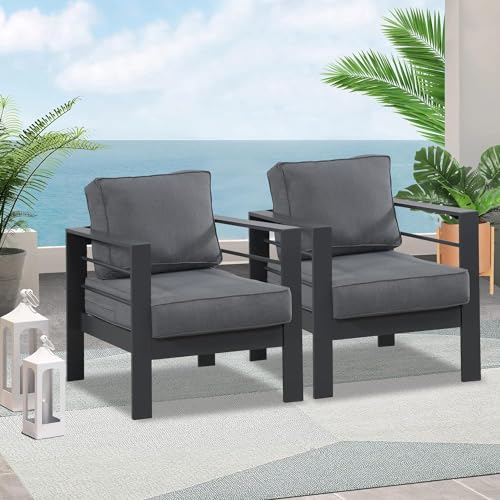 Wisteria Lane 2 Pieces Patio Furniture Aluminum Armchair, All-Weather Outdoor Single Sofa, Grey Metal Chair with Dark Grey Cushions - WoodArtSupply