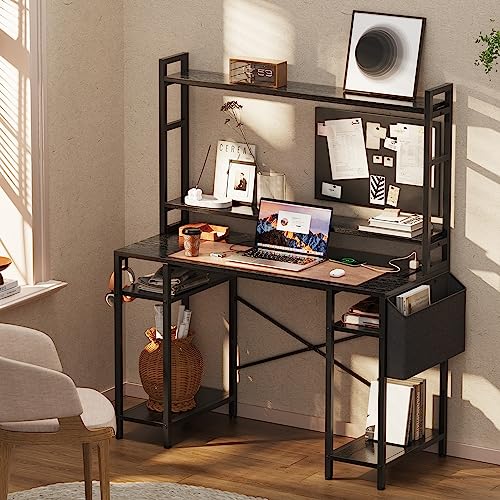 Huuger 47 inch Computer Desk with Adjustable Shelves, Gaming Desk with LED Lights & Power Outlets, Home Office Desk with Monitor Stand, Hooks & CPU Stand, Black - WoodArtSupply