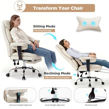 Comermax Massage Office Chair with Foot Rest, Wide Seat Heavy Duty Comfy Home Office Desk Chair, 500lbs Big Tall Reclining Office Chairs for Heavy People, White Comermax