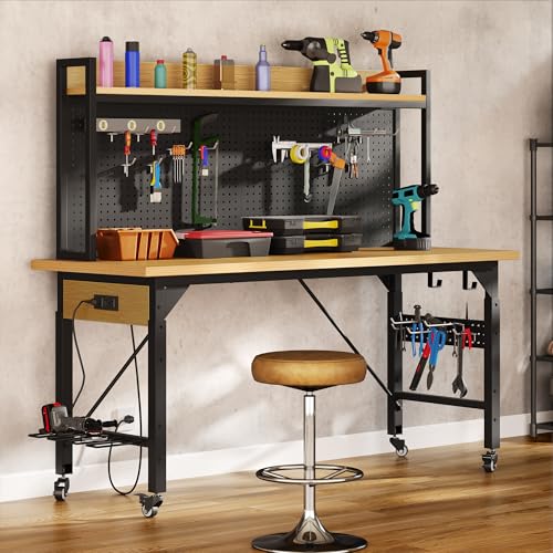 YITAHOME 48" Adjustable Workbench with Pegboard, Wheels, 1600 LB Capacity, Rolling Work Table with AC/USB Outlets, Hooks, and Rack, Heavy-Duty Work Bench for Garage, Workshop, Office YITAHOME