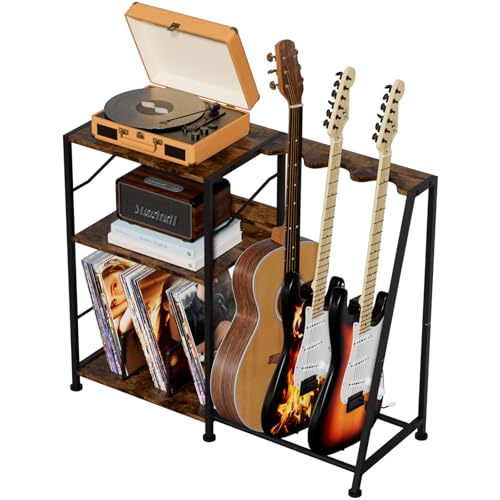 Hosfais Record Player Stand, 3 Tier Guitar Stand for Acoustic, Electric Guitar, Bass Stand, Vinyl Record Storage Up to 200 Albums, Brown Records Shelf for Living Room Bedroom (Rustic Brown) Hosfais